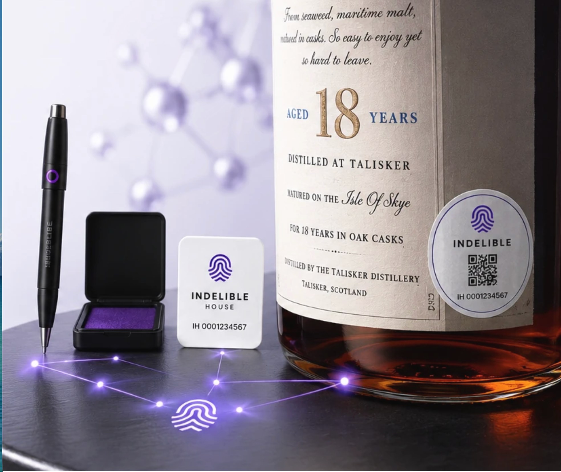 The Indelible provenance solution: marking pen, ink pad, secure sticker and a premium marked bottle.